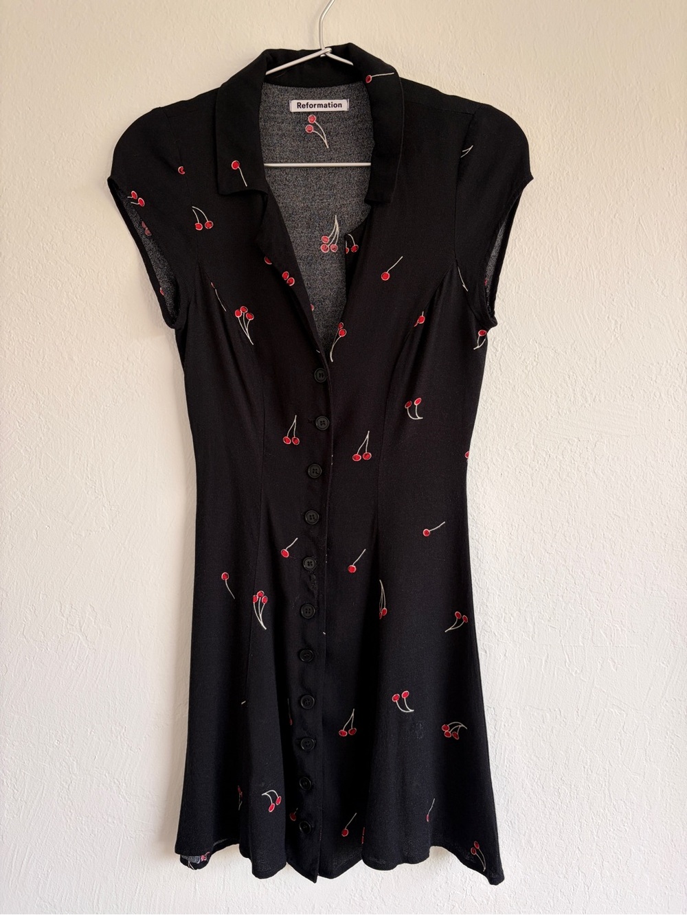 Reformation Black Dress with Red Cherry Print